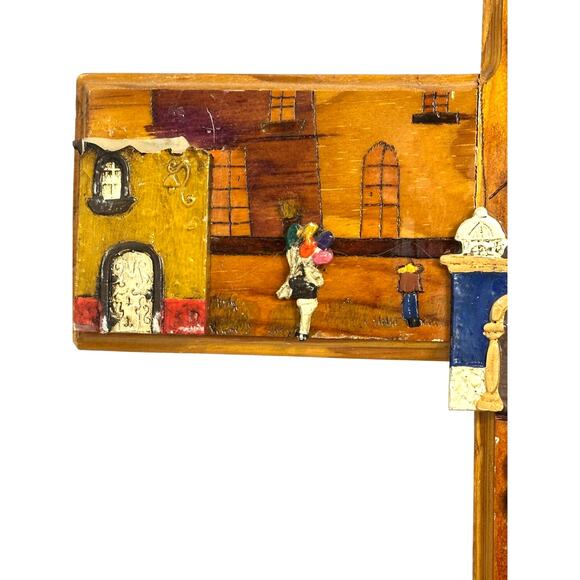Folk Art Hand Painted 3-D Wood Cross Village Scene 20” x 14” - Picture 2 of 8